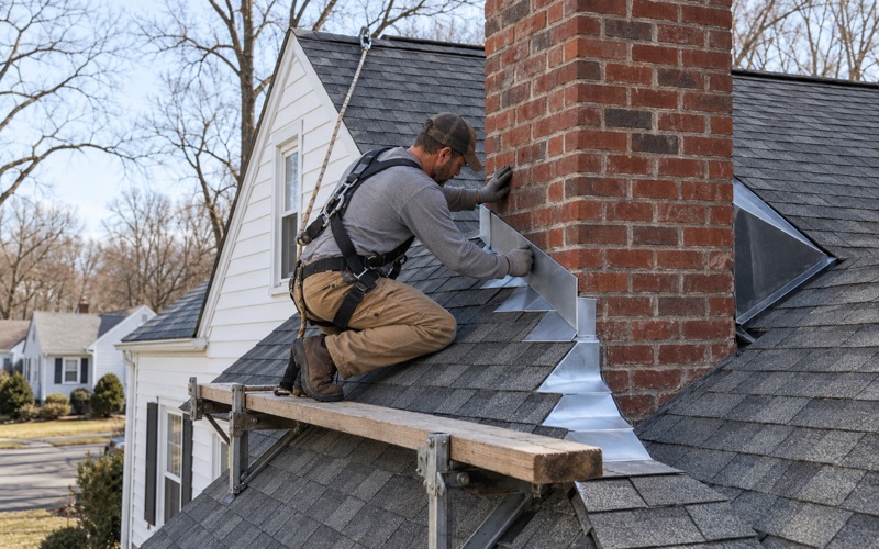 New counter flashing set into a cut mortar joint on the brick chimney of a 1950s Cape Cod in Lower Paxton Township.