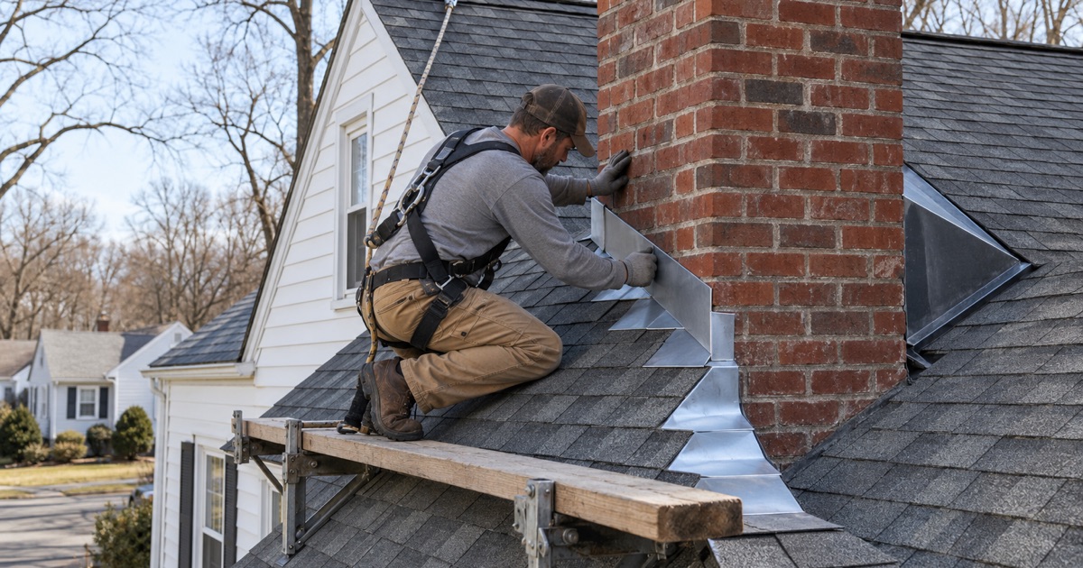 New counter flashing set into a cut mortar joint on the brick chimney of a 1950s Cape Cod in Lower Paxton Township.