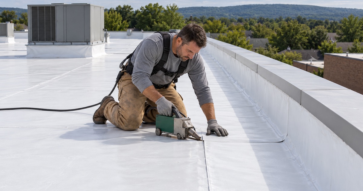 A roofer welding a TPO seam on the flat roof of a one-story strip retail building in Lower Paxton Township.