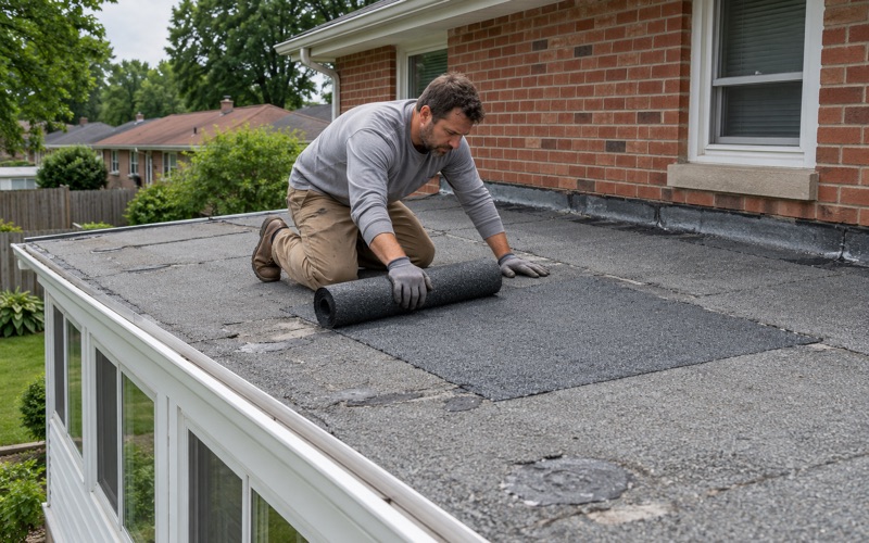 A modified bitumen patch going down on the low-slope roof of a rear sunroom on a 1960s ranch in Lower Paxton Township.