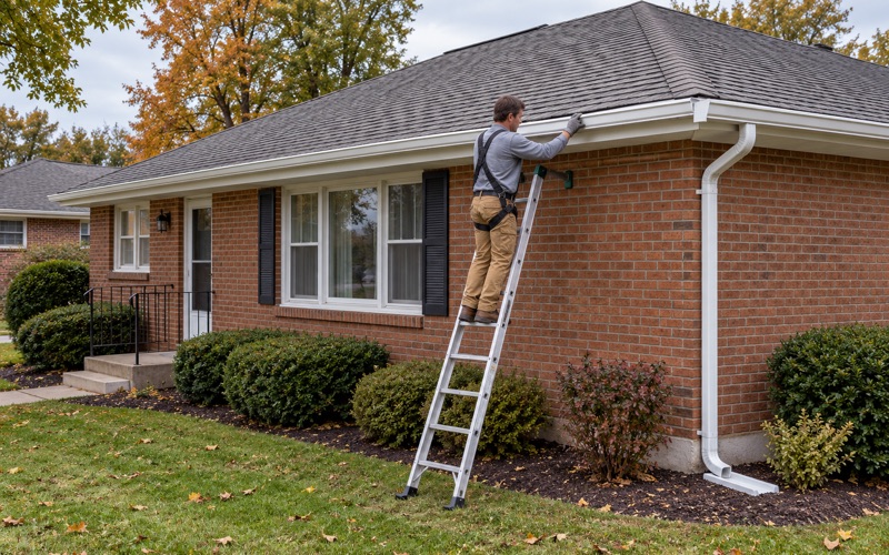 A seamless aluminum gutter being set into its hidden hangers along the eave of a 1960s ranch in Lower Paxton Township.