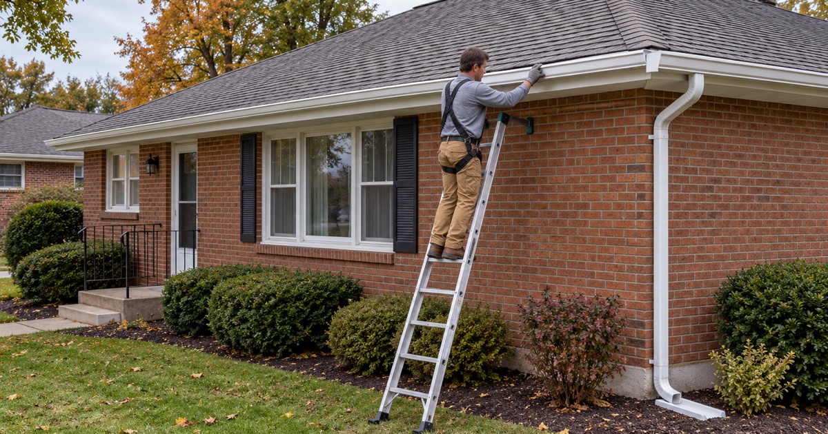 A seamless aluminum gutter being set into its hidden hangers along the eave of a 1960s ranch in Lower Paxton Township.