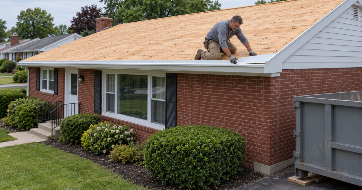 New drip edge going on along the eave of a 1950s brick ranch in Lower Paxton Township after the old roof came off to the deck.
