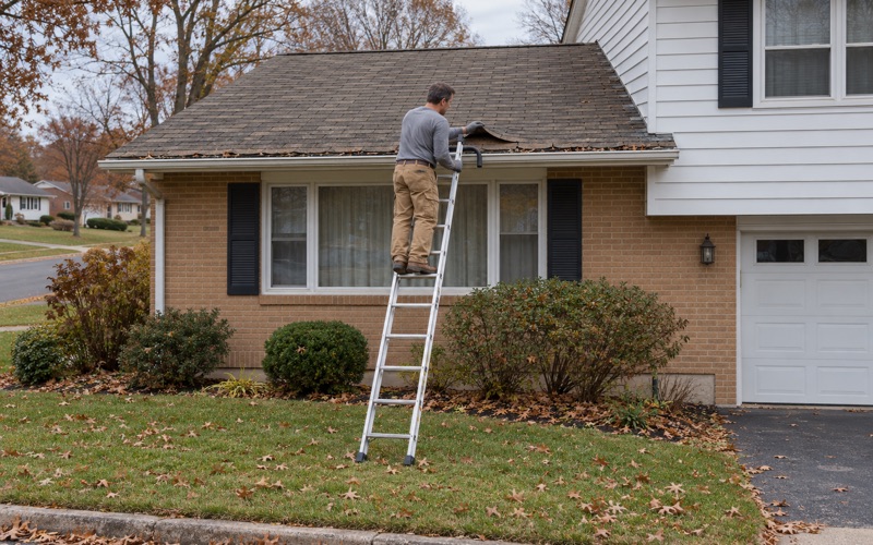 A roofer inspecting curled shingles and loose granules at the eave of a 1960s split-level in Lower Paxton Township.