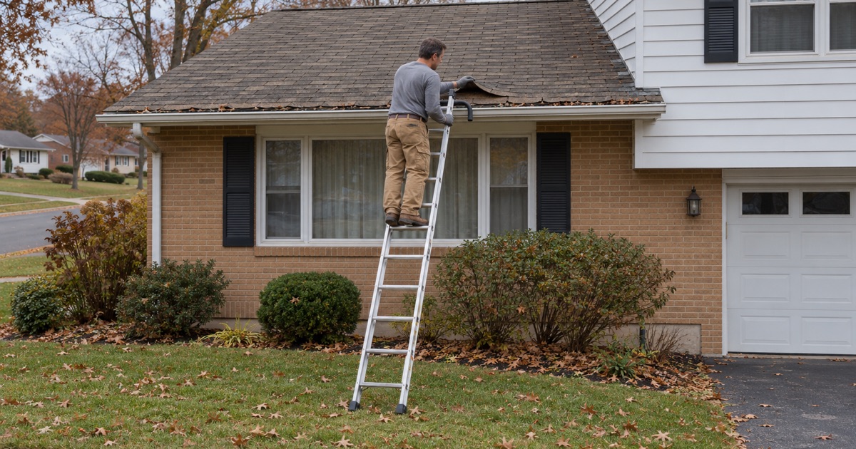 A roofer inspecting curled shingles and loose granules at the eave of a 1960s split-level in Lower Paxton Township.