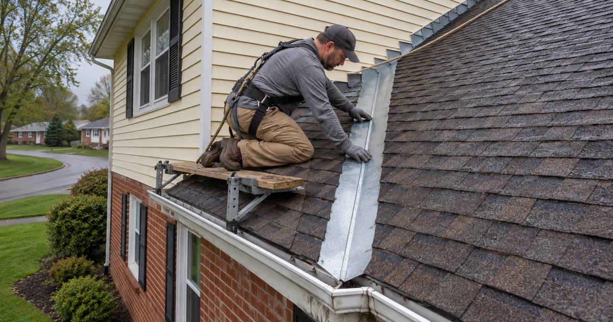 A roofer re-laying the open metal valley over a leak on a 1960s split-level in Paxtonia, Lower Paxton Township.