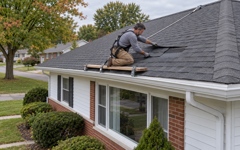 A roofer sliding a matched replacement shingle into a gap on the roof of a 1950s ranch in Colonial Park, Lower Paxton Township.