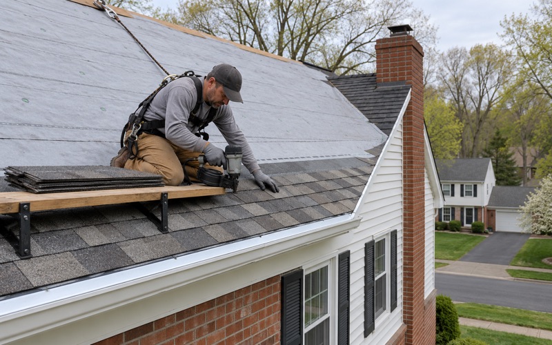 The first courses of new shingles nailed in above the drip edge on a full roof replacement on a 1970s colonial in Lower Paxton Township.