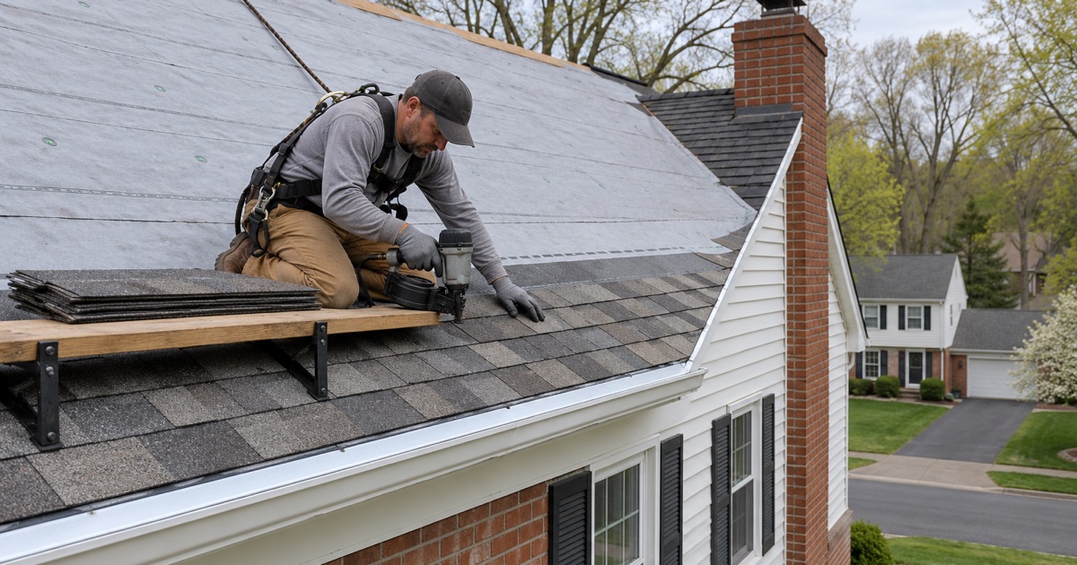The first courses of new shingles nailed in above the drip edge on a full roof replacement on a 1970s colonial in Lower Paxton Township.