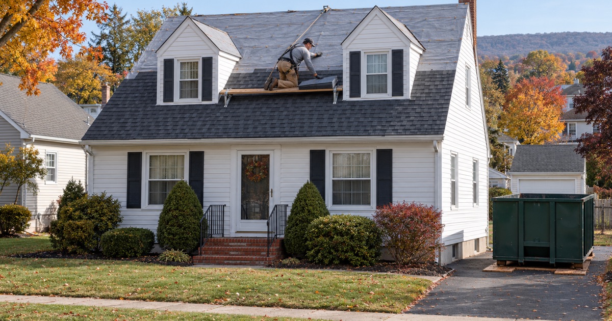 A roofer moving a bundle of shingles along the toe board on the new roof of a 1950s Cape Cod in Colonial Park, Lower Paxton Township.