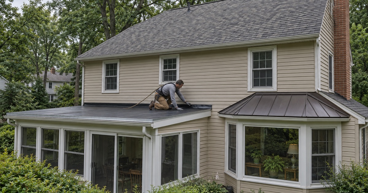 An asphalt main roof, a steel bay roof and a flat rear porch roof on one 1970s colonial in Lower Paxton Township.