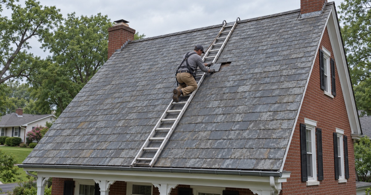 A roofer sliding a replacement slate into place from a roof ladder on an old brick farmhouse in Lower Paxton Township.