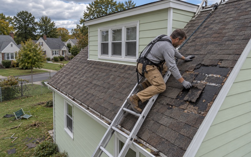 A roofer pulling the torn remains of wind-stripped shingles off the rear slope of a 1950s Cape Cod in Lower Paxton Township before patching it.