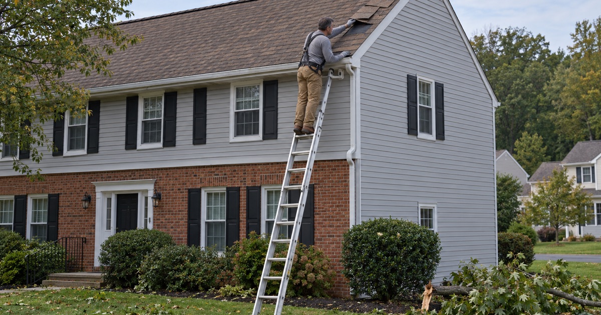 A roofer checking wind-lifted shingles along the rake of a 1980s colonial in Lower Paxton Township the morning after a September storm.